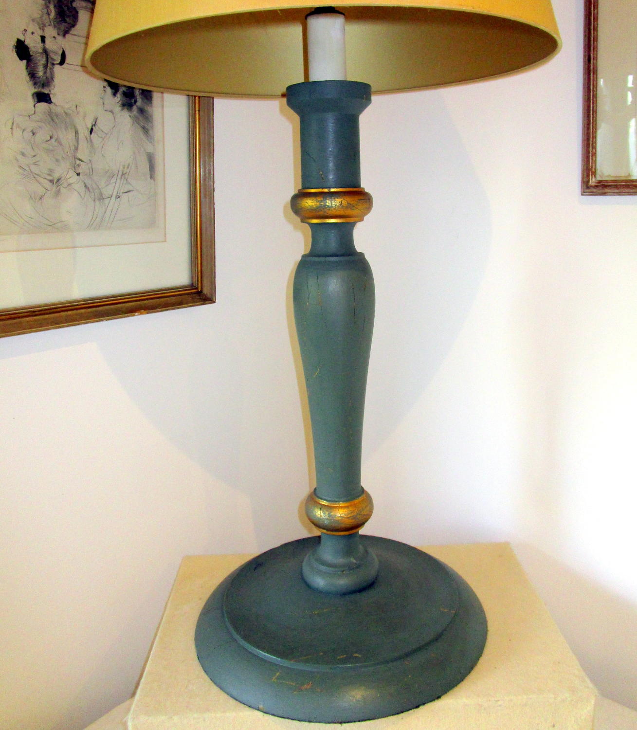 Oversize candlestick, sage green and gold