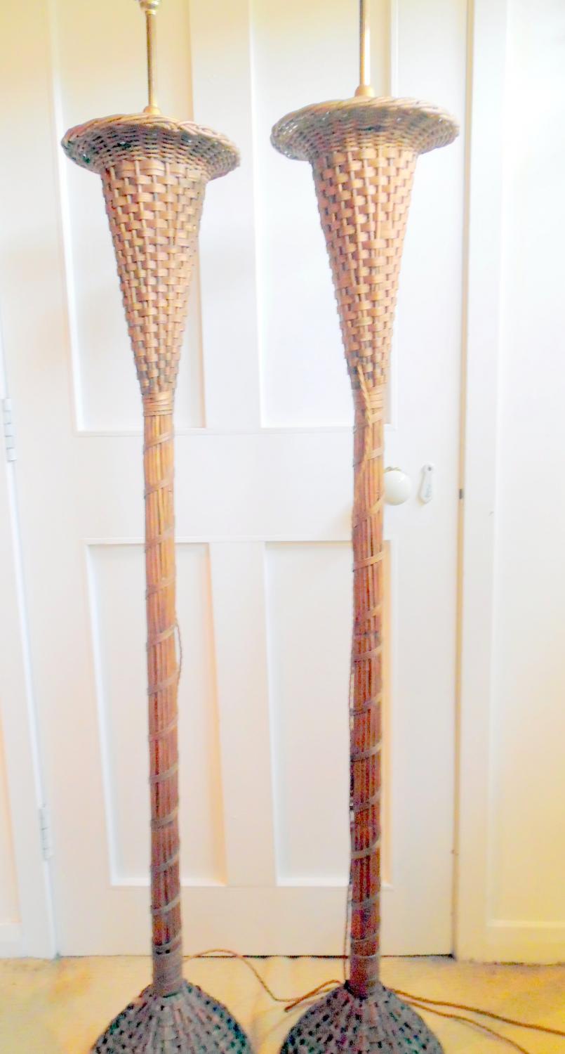 Pair woven cane standard lamps