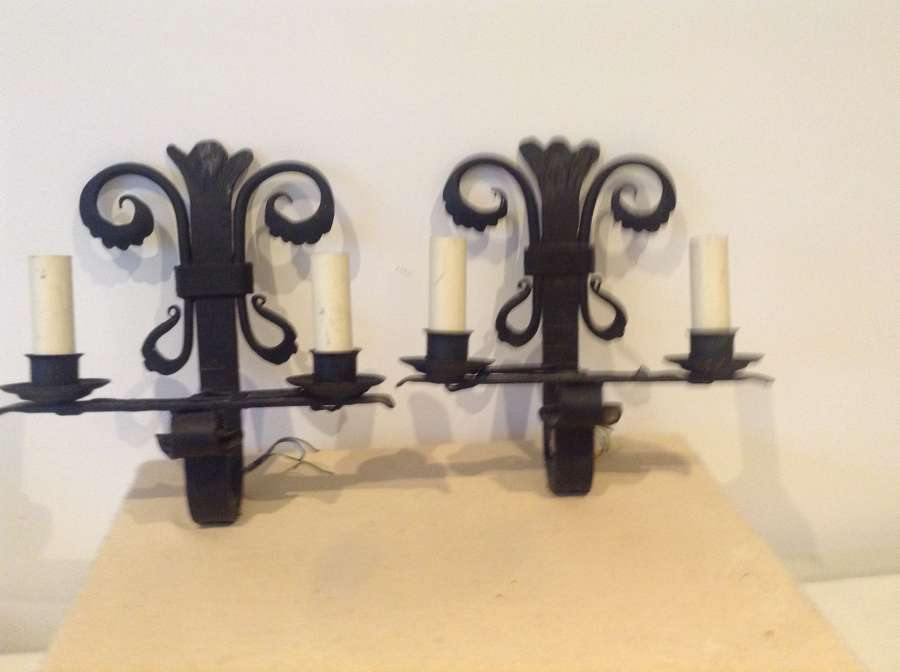 Pair wrought iron wall sconces