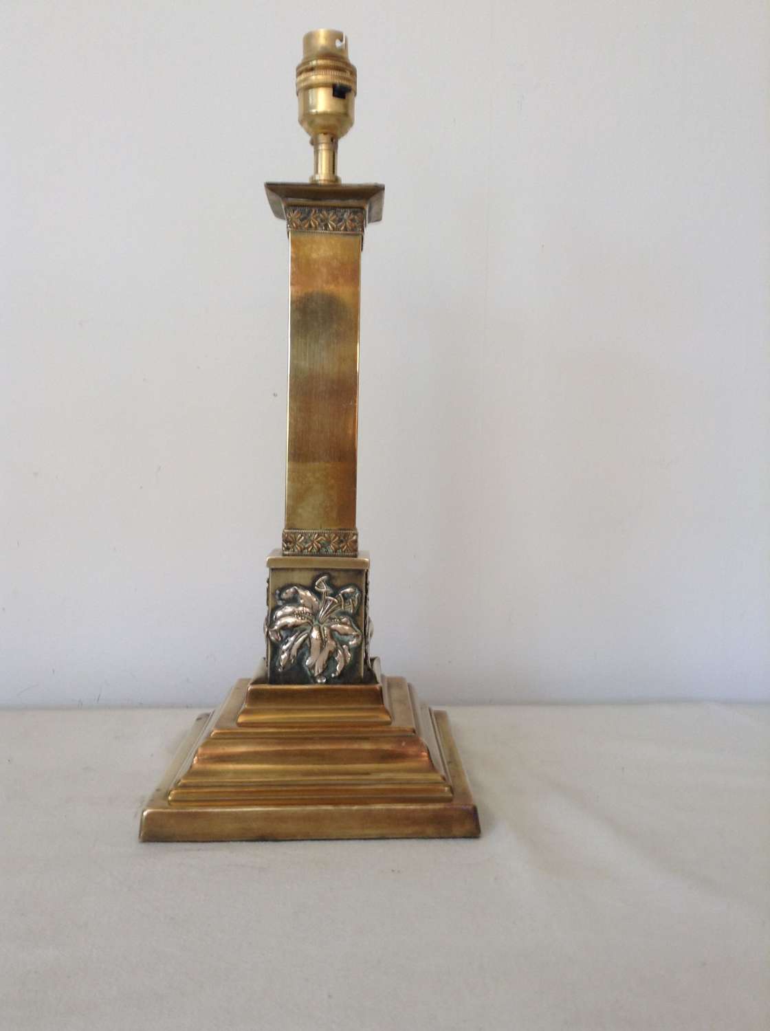 Victorian brass column lamp with lilies