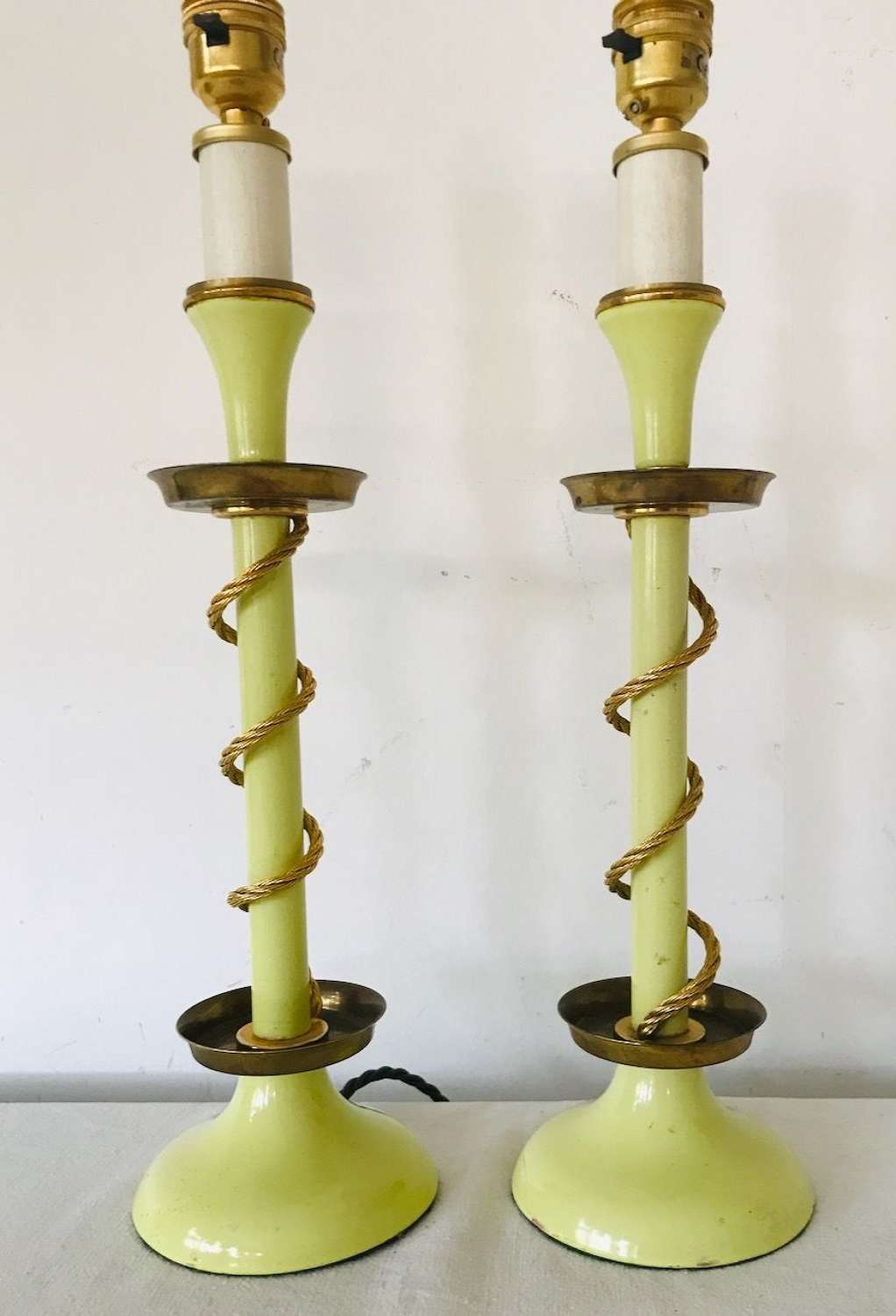 Pair yellow Bilston enamel candlestick lamps