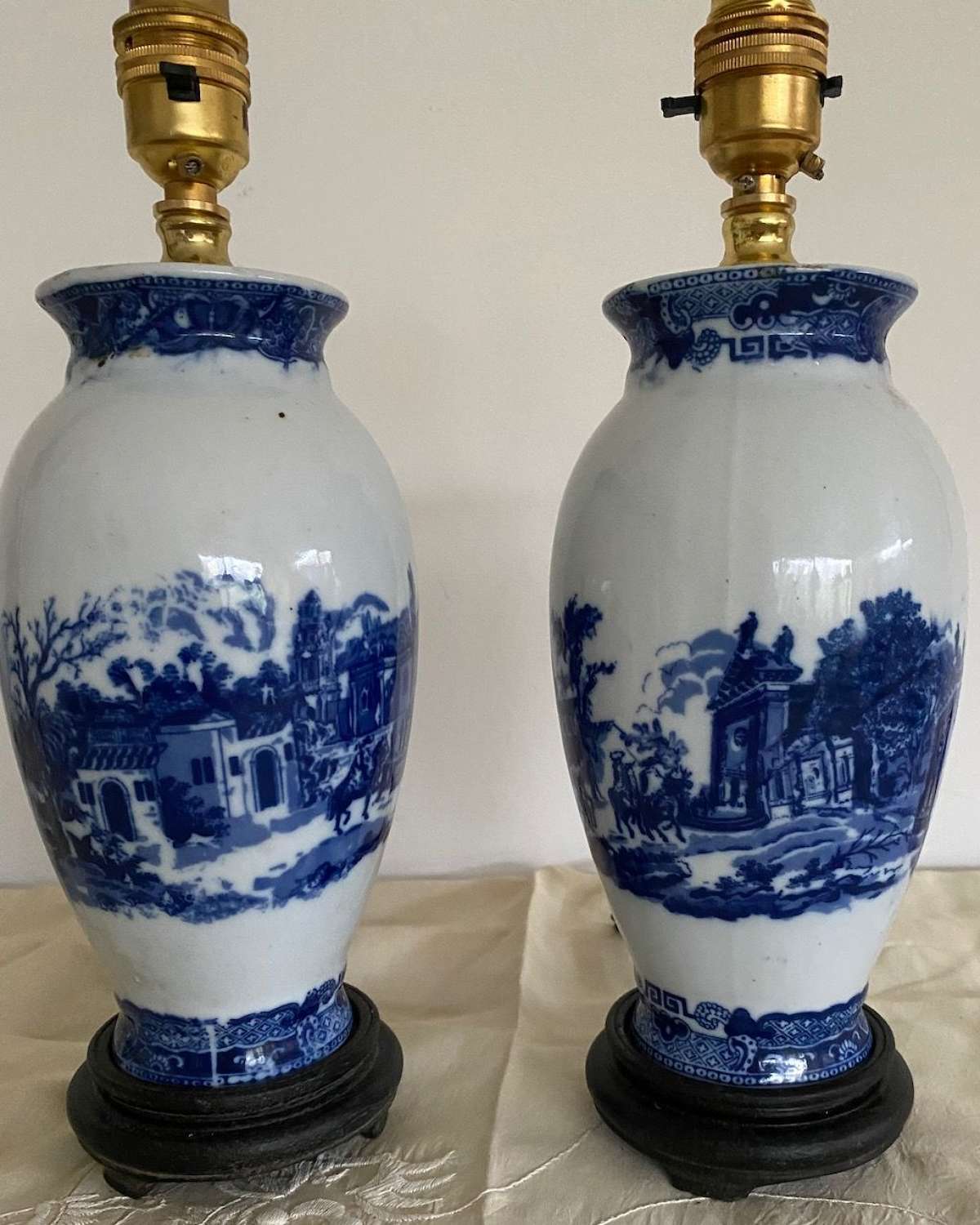 Pair small blue & white lamps